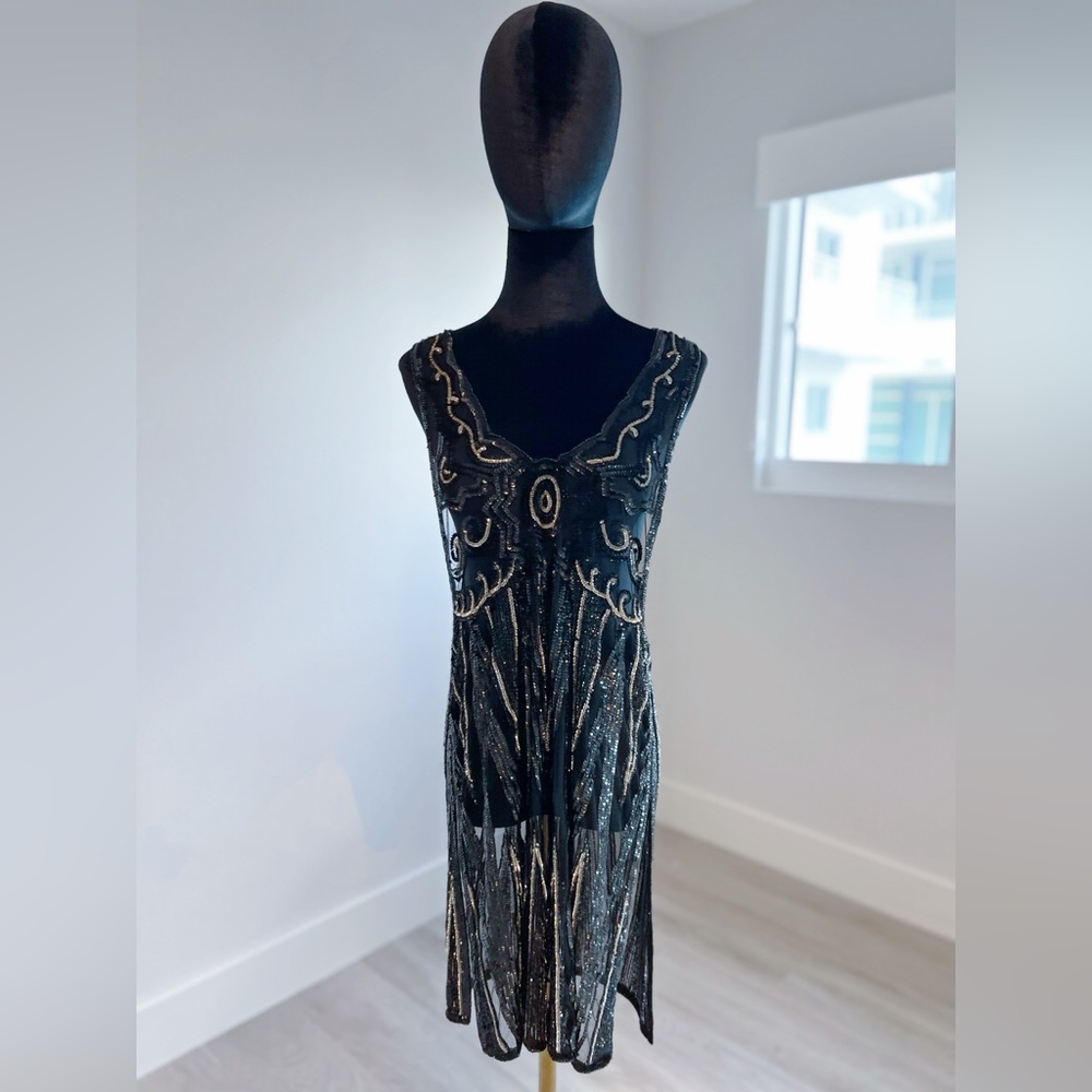 VINTAGE sequins embellished semitransparent black Dress size 6 US